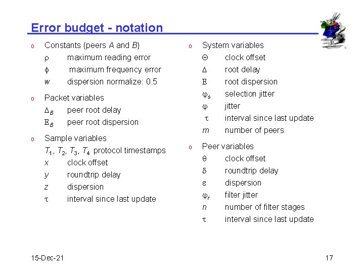 Error budget - notation o Constants (peers A and B) r maximum reading error