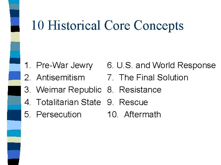 10 Historical Core Concepts 1. 2. 3. 4. 5. Pre-War Jewry Antisemitism Weimar Republic