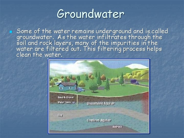 Groundwater n Some of the water remains underground and is called groundwater. As the