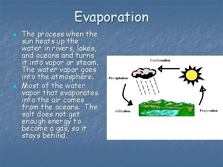 Evaporation n n The process when the sun heats up the water in rivers,