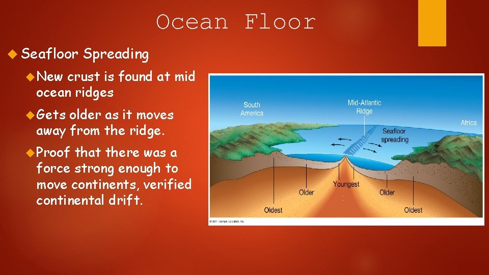 Ocean Floor Seafloor Spreading New crust is found at mid ocean ridges Gets older