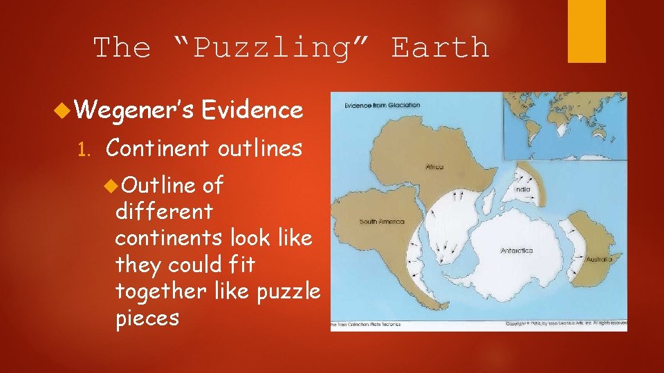 The “Puzzling” Earth Wegener’s 1. Evidence Continent outlines Outline of different continents look like