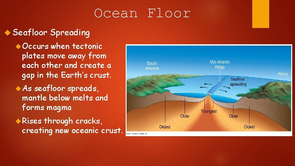 Ocean Floor Seafloor Spreading Occurs when tectonic plates move away from each other and