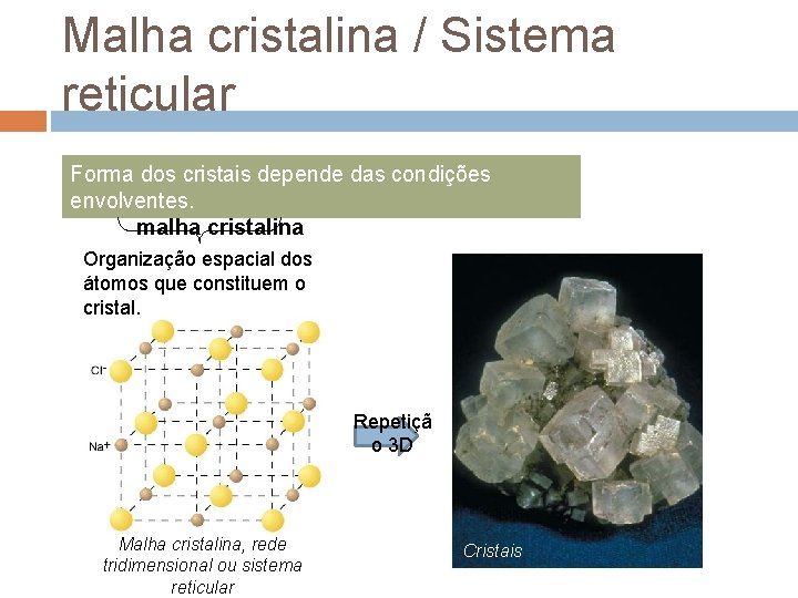 Malha cristalina / Sistema reticular Forma dos cristais depende das condições envolventes. Mas a