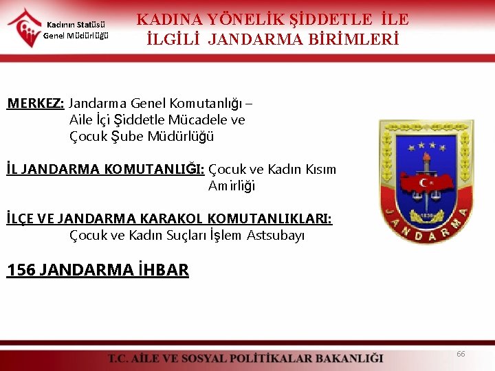 Kadının Statüsü Genel Müdürlüğü KADINA YÖNELİK ŞİDDETLE İLGİLİ JANDARMA BİRİMLERİ MERKEZ: Jandarma Genel Komutanlığı