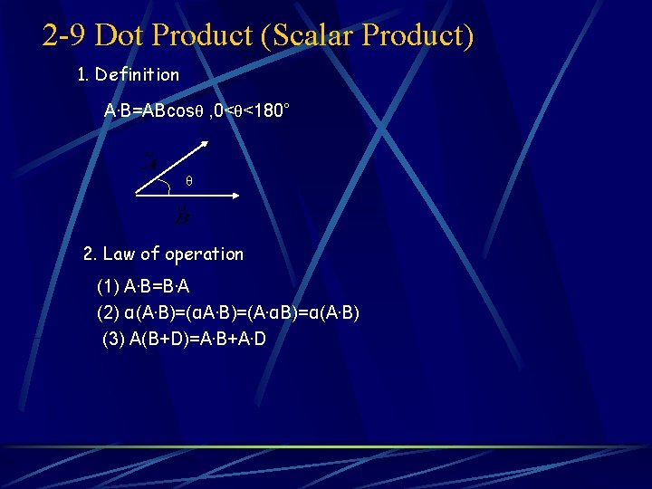 2 -9 Dot Product (Scalar Product) 1. Definition A. B=ABcosθ , 0<θ<180° θ 2.