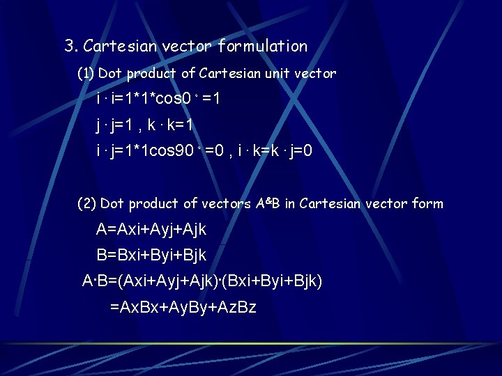3. Cartesian vector formulation (1) Dot product of Cartesian unit vector i. i=1*1*cos 0。=1
