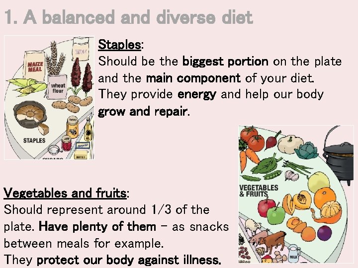 1. A balanced and diverse diet Staples: Should be the biggest portion on the