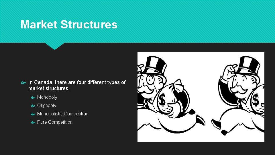 Market Structures In Canada, there are four different types of market structures: Monopoly Oligopoly