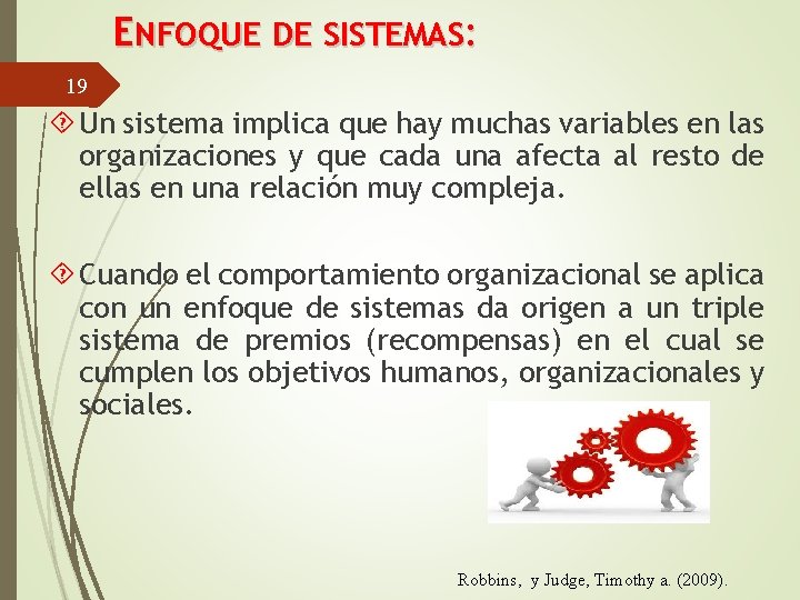 ENFOQUE DE SISTEMAS: 19 Un sistema implica que hay muchas variables en las organizaciones