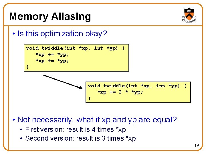 Memory Aliasing • Is this optimization okay? void twiddle(int *xp, int *yp) { *xp