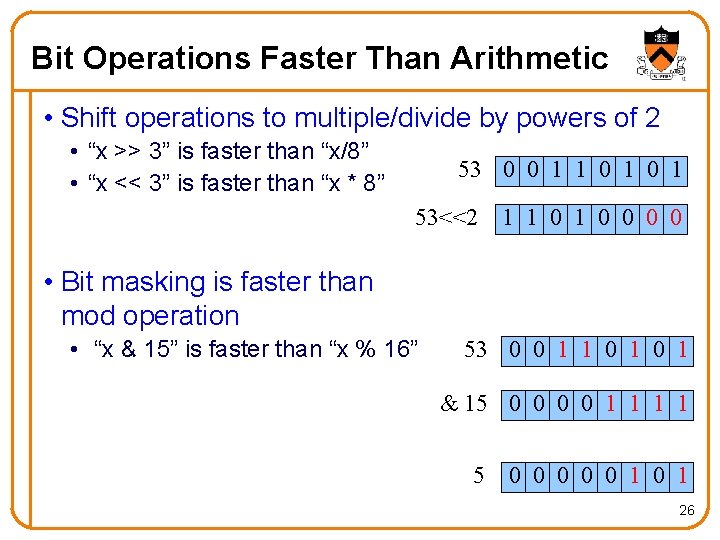 Bit Operations Faster Than Arithmetic • Shift operations to multiple/divide by powers of 2