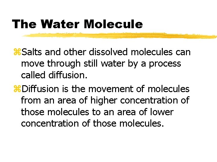 The Water Molecule z. Salts and other dissolved molecules can move through still water