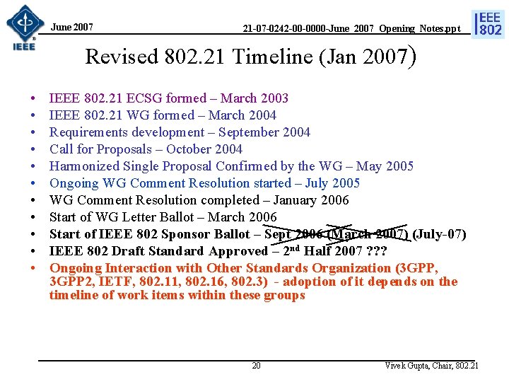 June 2007 21 -07 -0242 -00 -0000 -June_2007_Opening_Notes. ppt Revised 802. 21 Timeline (Jan