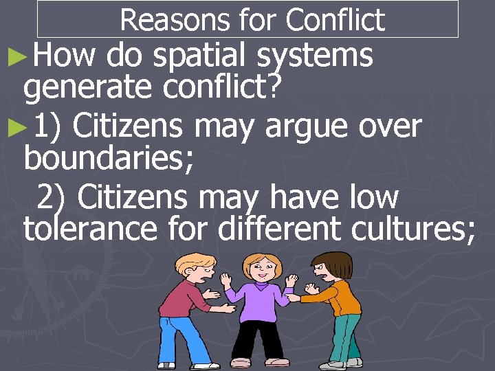 ►How Reasons for Conflict do spatial systems generate conflict? ► 1) Citizens may argue