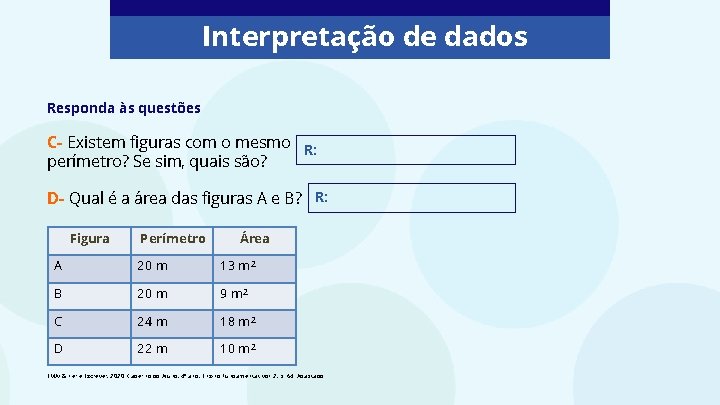 Interpretação de dados Responda às questões C- Existem figuras com o mesmo R: perímetro? Interpretação de dados Responda às questões C- Existem figuras com o mesmo R: perímetro?