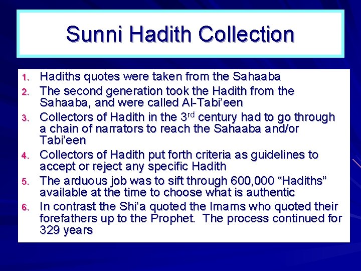 Sunni Hadith Collection 1. 2. 3. 4. 5. 6. Hadiths quotes were taken from