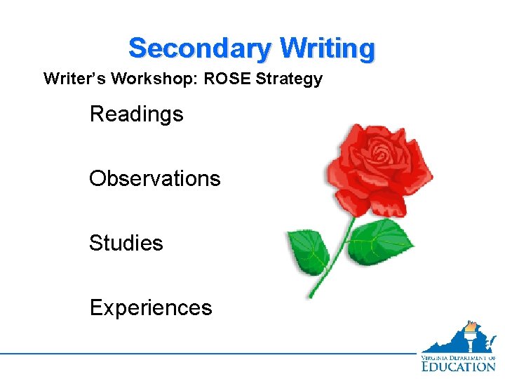 Secondary Writing Writer’s Workshop: ROSE Strategy Readings Observations Studies Experiences 