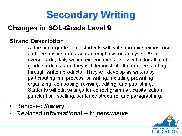 Secondary Writing Changes in SOL-Grade Level 9 Strand Description At the ninth-grade level, students