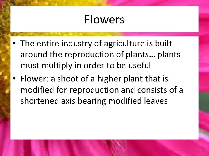 Flowers • The entire industry of agriculture is built around the reproduction of plants…