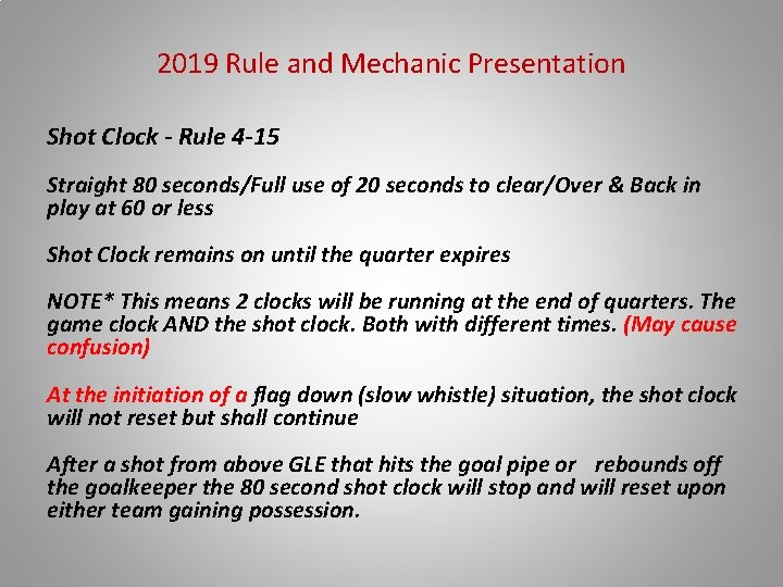 2019 Rule and Mechanic Presentation Shot Clock - Rule 4 -15 Straight 80 seconds/Full