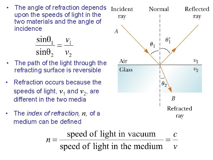  • The angle of refraction depends upon the speeds of light in the