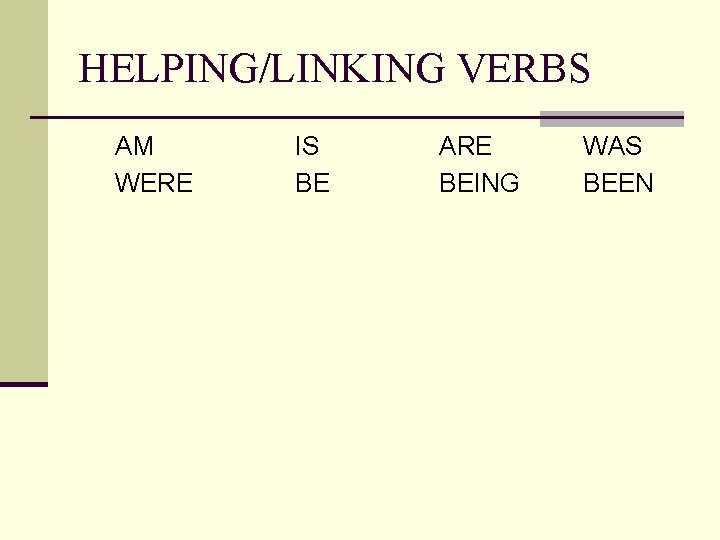 HELPING/LINKING VERBS AM WERE IS BE ARE BEING WAS BEEN 