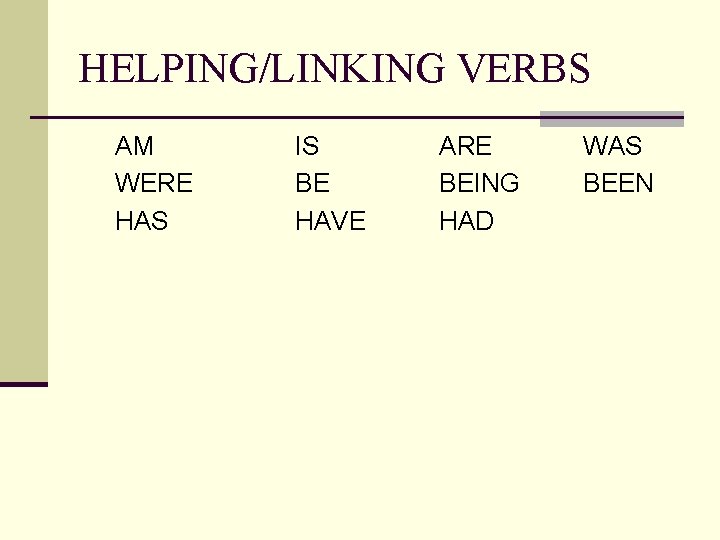 HELPING/LINKING VERBS AM WERE HAS IS BE HAVE ARE BEING HAD WAS BEEN 