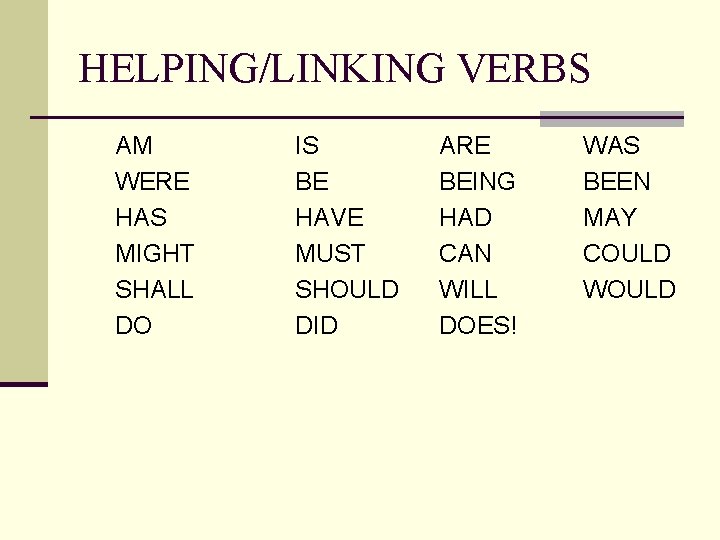 HELPING/LINKING VERBS AM WERE HAS MIGHT SHALL DO IS BE HAVE MUST SHOULD DID