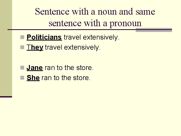 Sentence with a noun and same sentence with a pronoun n Politicians travel extensively.