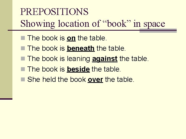 PREPOSITIONS Showing location of “book” in space n The book is on the table.