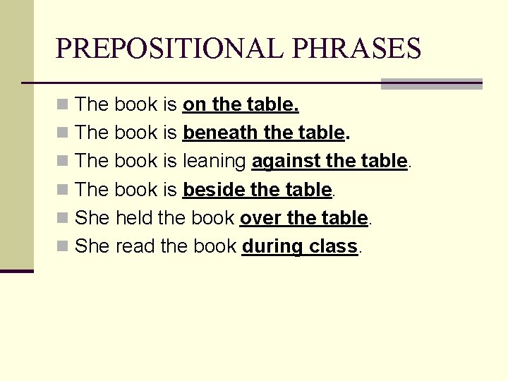 PREPOSITIONAL PHRASES n The book is on the table. n The book is beneath