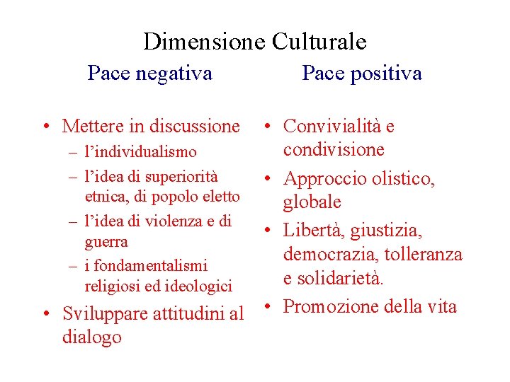 Dimensione Culturale Pace negativa • Mettere in discussione – l’individualismo – l’idea di superiorità