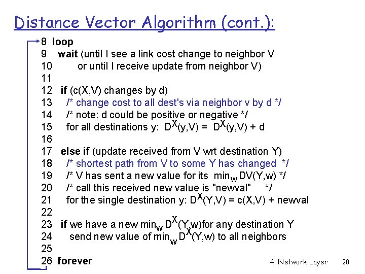 Distance Vector Algorithm (cont. ): 8 loop 9 wait (until I see a link