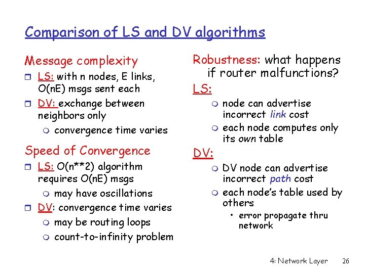 Comparison of LS and DV algorithms Message complexity r LS: with n nodes, E