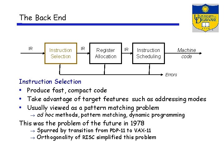 The Back End IR Instruction Selection IR Register Allocation IR Instruction Scheduling Machine code