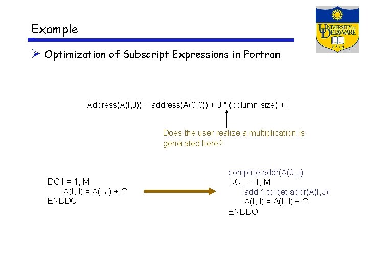 Example Optimization of Subscript Expressions in Fortran Address(A(I, J)) = address(A(0, 0)) + J