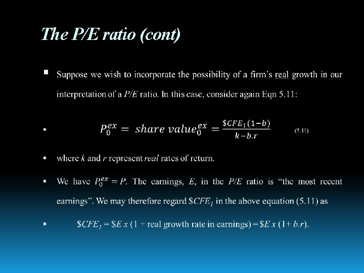 The P/E ratio (cont) 