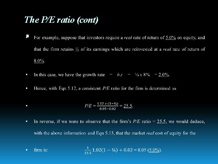 The P/E ratio (cont) 