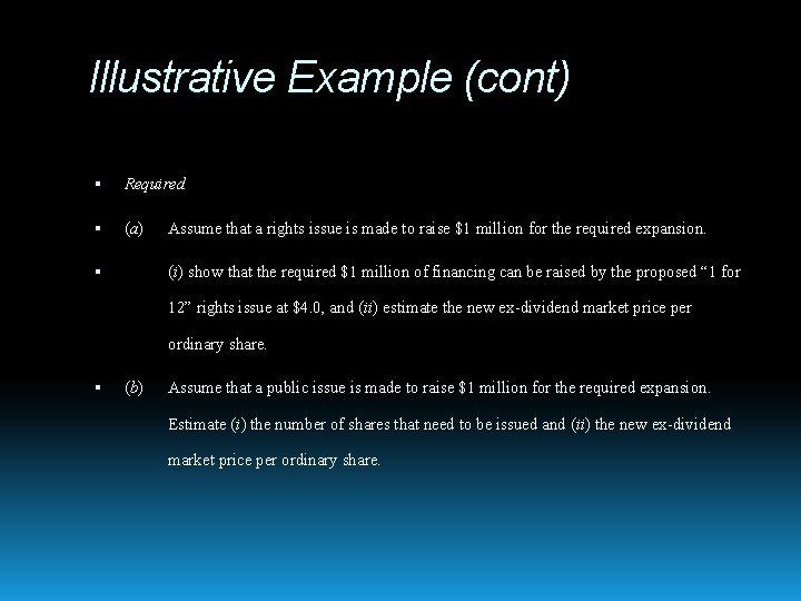 Illustrative Example (cont) Required (a) Assume that a rights issue is made to raise