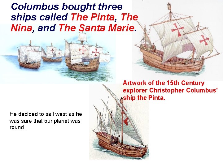 Columbus bought three ships called The Pinta, The Nina, and The Santa Marie. Artwork