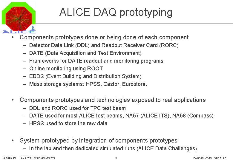 ALICE DAQ prototyping • Components prototypes done or being done of each component –