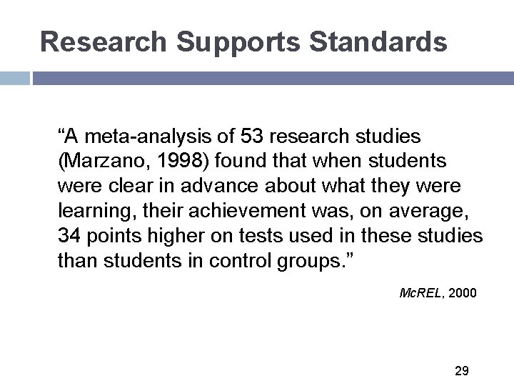 Research Supports Standards “A meta-analysis of 53 research studies (Marzano, 1998) found that when