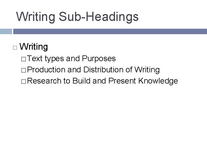 Writing Sub-Headings Writing � Text types and Purposes � Production and Distribution of Writing