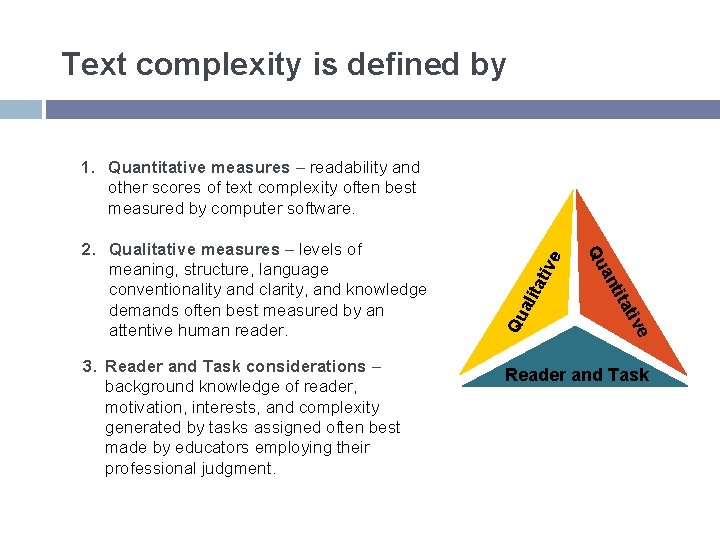 Text complexity is defined by tat ali Qu ive tat nti 3. Reader and