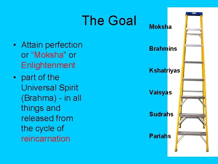 The Goal • Attain perfection or “Moksha” or Enlightenment • part of the Universal