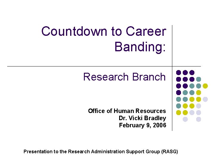 Countdown to Career Banding: Research Branch Office of Human Resources Dr. Vicki Bradley February