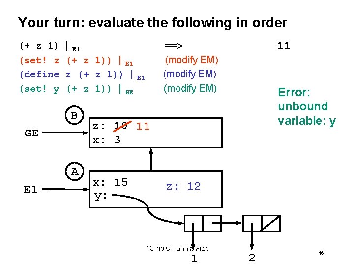 Your turn: evaluate the following in order (+ z 1) (set! z (define (set! Your turn: evaluate the following in order (+ z 1) (set! z (define (set!