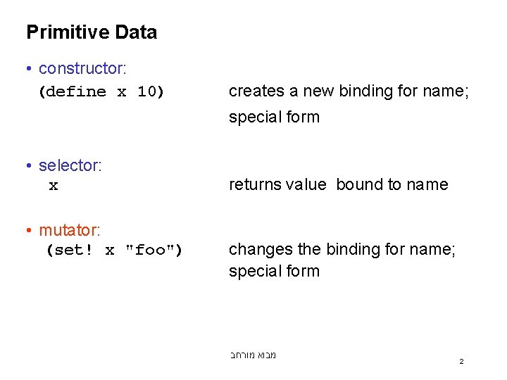 Primitive Data • constructor: (define x 10) creates a new binding for name; special Primitive Data • constructor: (define x 10) creates a new binding for name; special