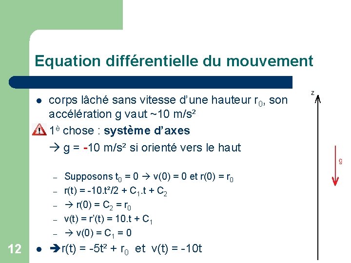 Equation différentielle du mouvement l l corps lâché sans vitesse d’une hauteur r 0,